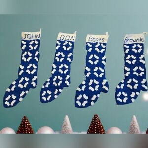 Set of 4 VINTAGE HANDMADE Granny Square Christmas Stockings Blue White